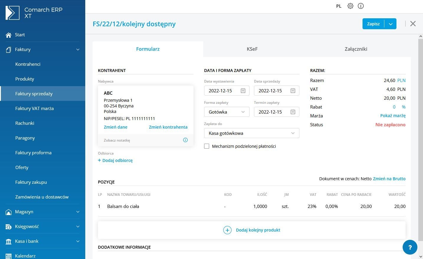 tworzenie faktury w Comarch betterfly